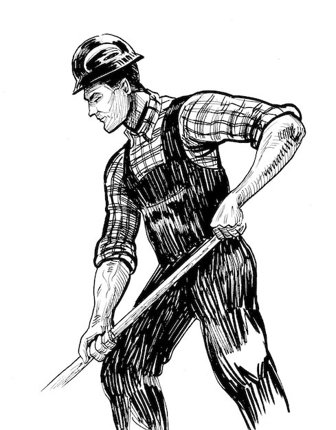 Worker digging earth. Ink black and white drawing