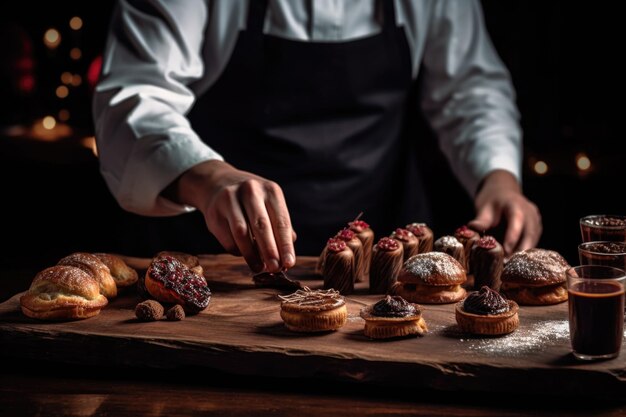 a worker dipping pastries on a board