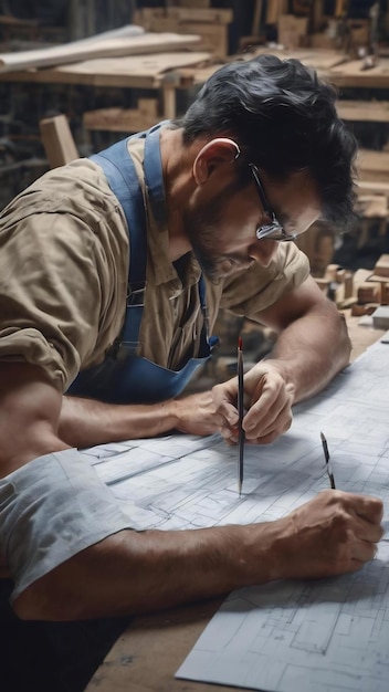 worker drawing blueprint