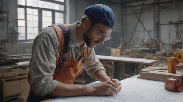 Worker drawing blueprint