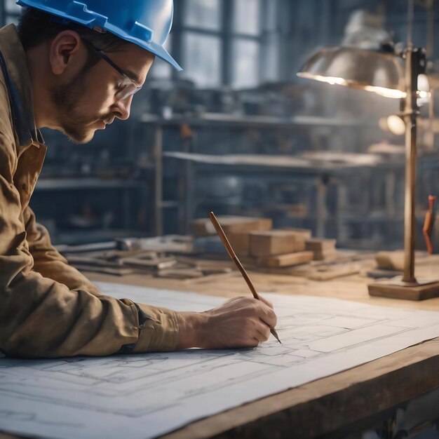 Worker drawing blueprint