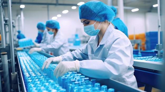 Worker in drinking water factory women workers caucasian labor in beverage clean production conveyor belt mineral water manufactory