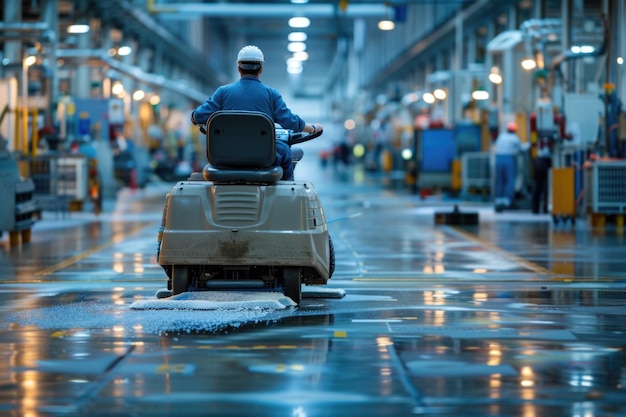 Worker driving a floor cleaning machine in an industrial factory with bright floor lines