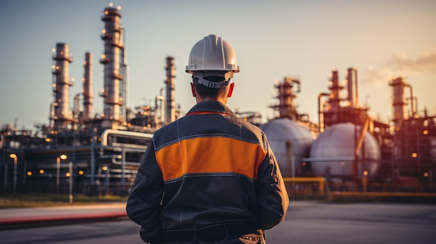 Worker engineer from behind with safety jacket and helmet stands looks at industrial plant Generative AI