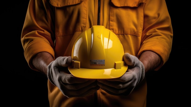 Worker or engineer holds a protective yellow helmet