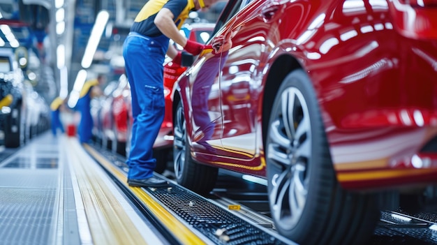 Photo worker in factory repairing a car checking tire and wheel aig