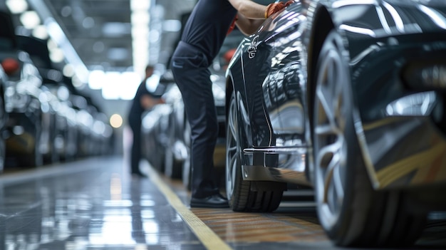 Photo worker in factory repairing a car checking tire and wheel aig