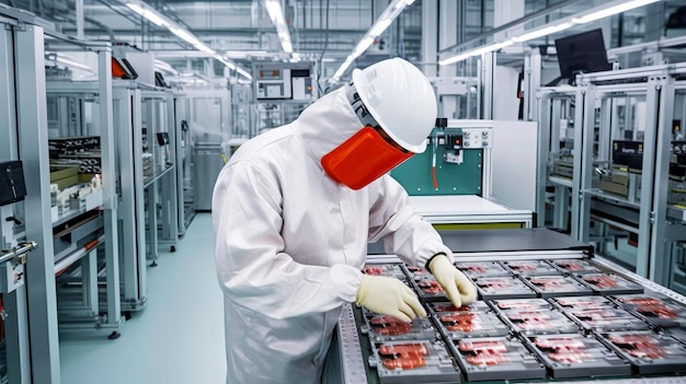 Photo a worker in a factory wearing a mask and gloves