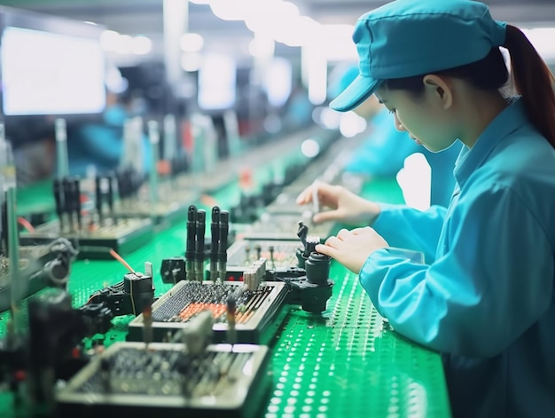 A worker in a factory works on a machine.