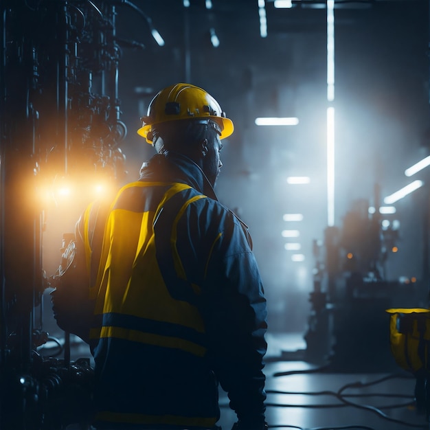 A worker in the foreground of a factory illuminated by the bright lights of the industrial machine