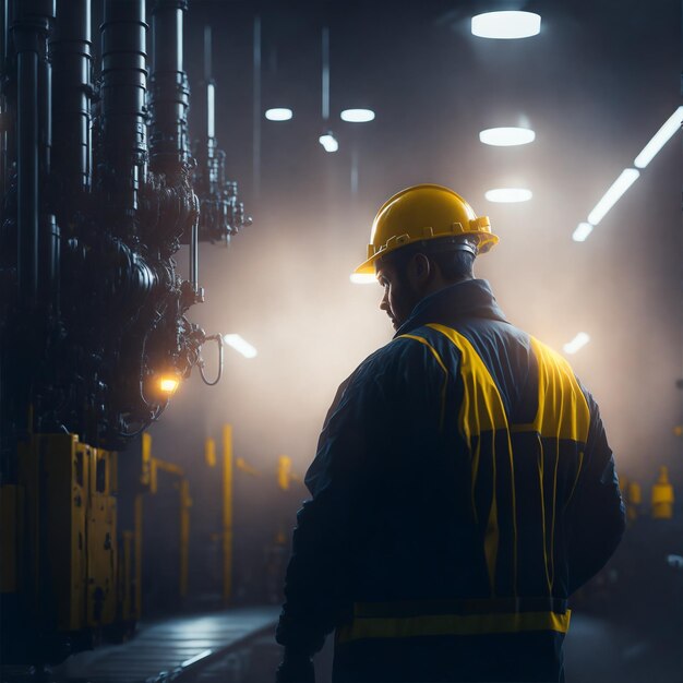 A worker in the foreground of a factory illuminated by the bright lights of the industrial machine