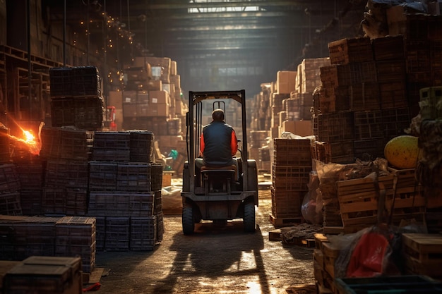 Worker on forklift in the style of cluttered with Generative AI