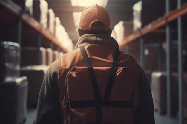 Worker from the back with helmet and vest inside a logistic warehouse Generative AI