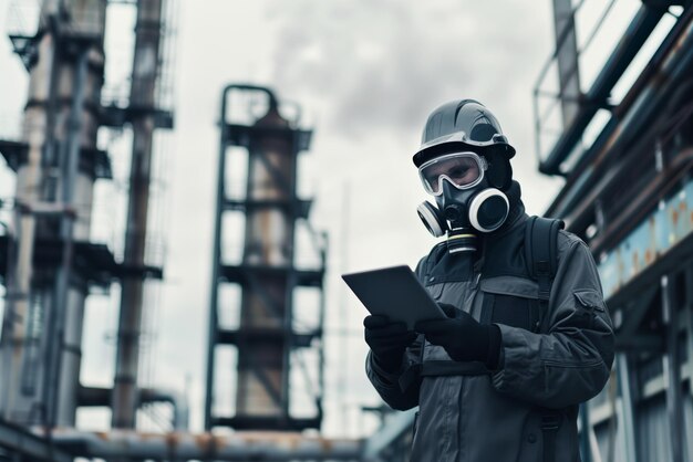 A worker in a gas mask helmet with a tablet in his hands on the background of an industrial complex