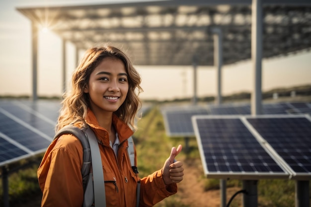 Photo worker girl in solar pnal