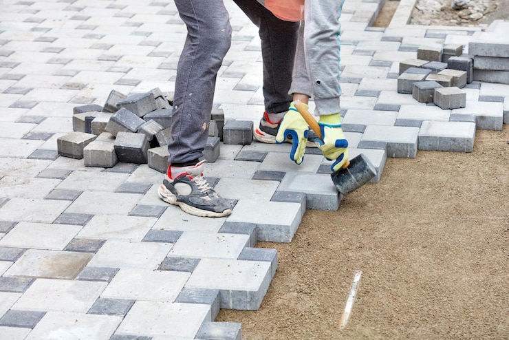 Photo a worker in gloves lays paving slabs with a rubber mallet observing the required pattern