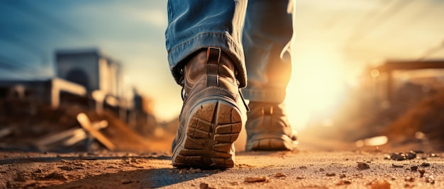 The worker goes into the distance legs closeup the concept of finishing the working day factory construction factory Panorama High quality photo