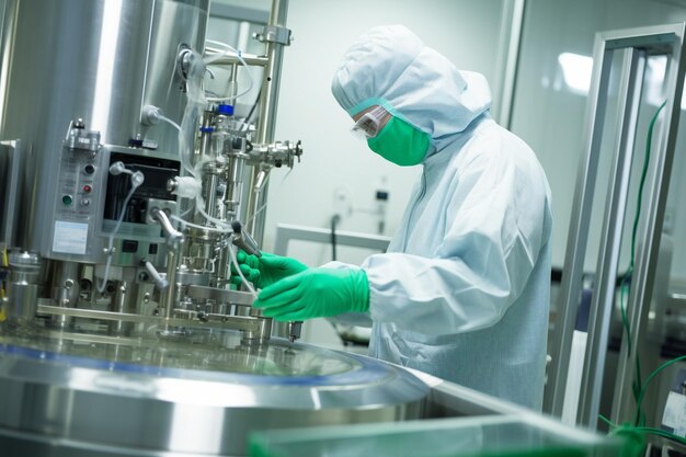 A worker in a green uniform and mask