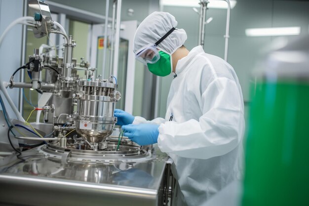 A worker in a green uniform and mask