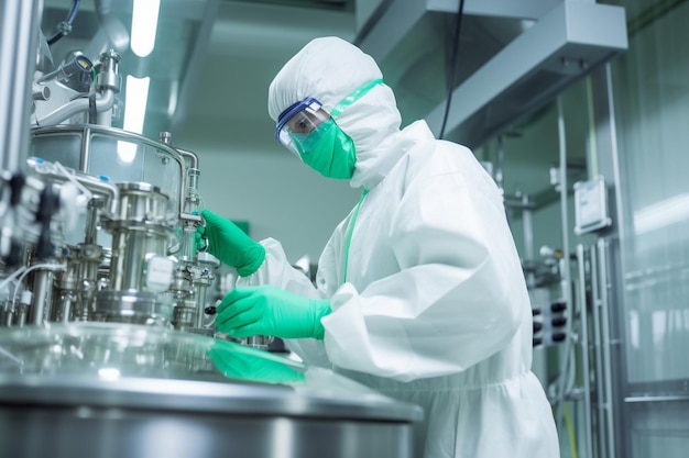 A worker in a green uniform and mask