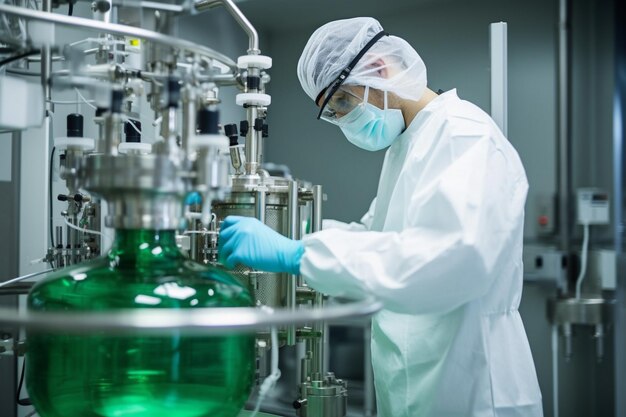 A worker in a green uniform and mask