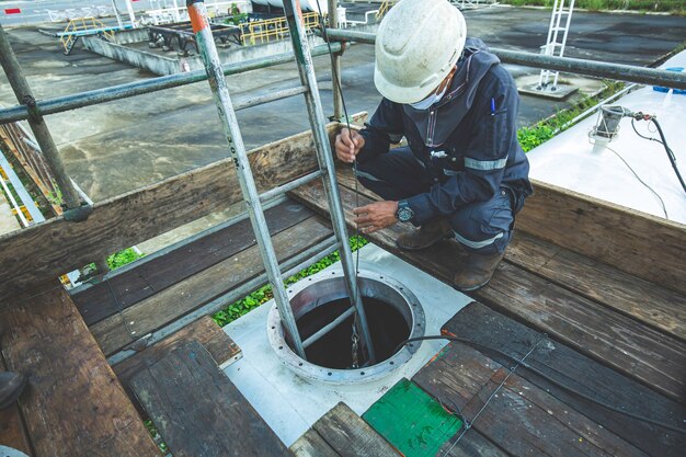 Worker hand holding gas detector inspection safety gas testing at front manhole stainless tank to work inside confined