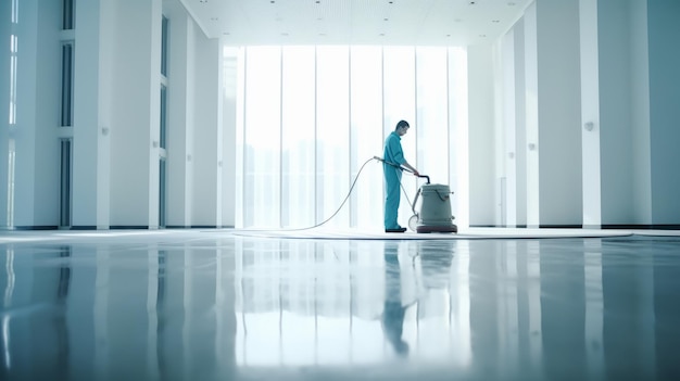 Worker hand Washing Office Floor with Cleaning Machine