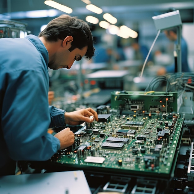 a worker handling an electronic circuit board the worker is assembling or testing the board