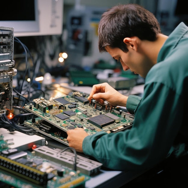 a worker handling an electronic circuit board the worker is assembling or testing the board