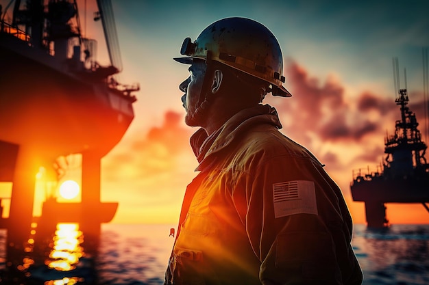 A worker in a hard hat against the background of an offshore oil platform a sunset generative ai