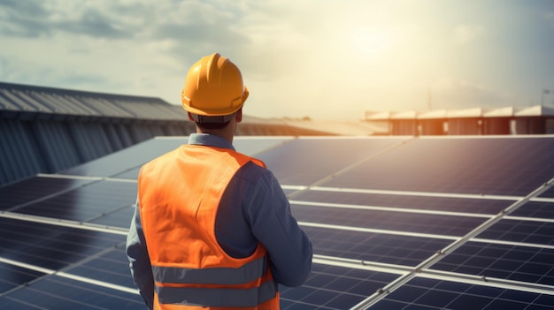 worker in a hard hat and vest against the background of solar panels back