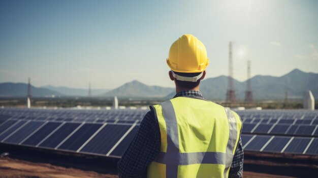 worker in a hard hat and vest against the background of solar panels back