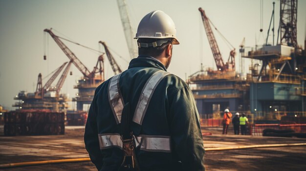 Worker in hard hat and yellow vest against the background of port cranes as a concept of a logistics or shipping company