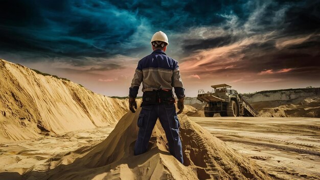 Foto lavoratore in cappello duro in piedi in una cava di sabbia