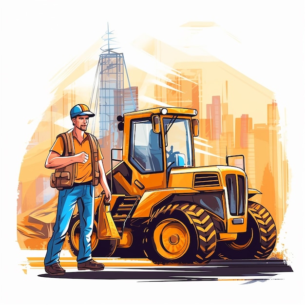 Worker in Helmet on Construction Site with Excavator in Background