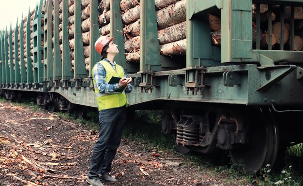 Worker in helmet counts wood lumber