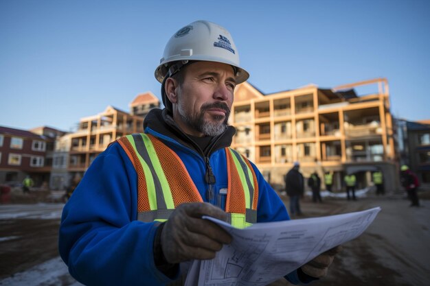 Worker in a helmet and overalls checks the drawings of the object on the construction site