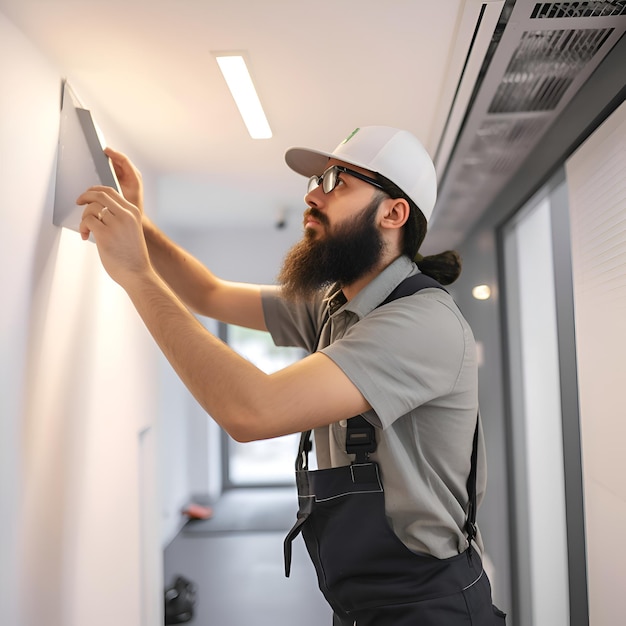 Foto lavoratore con casco che utilizza un tablet digitale nel corridoio di un moderno edificio per uffici