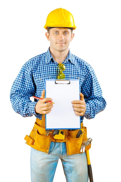 A worker holding clipboard