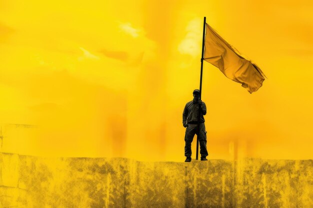 Worker holding flag on yellow background