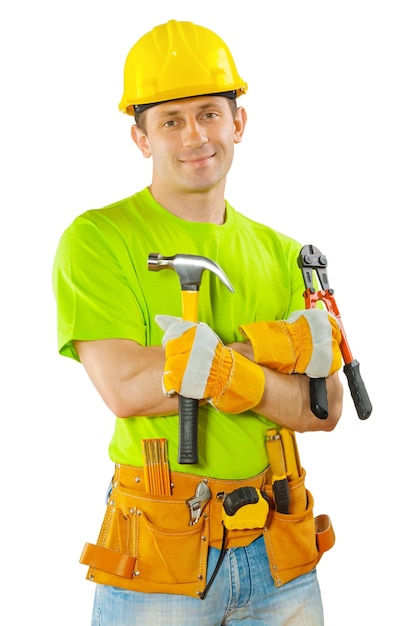 A worker holding hammer and steel cutter