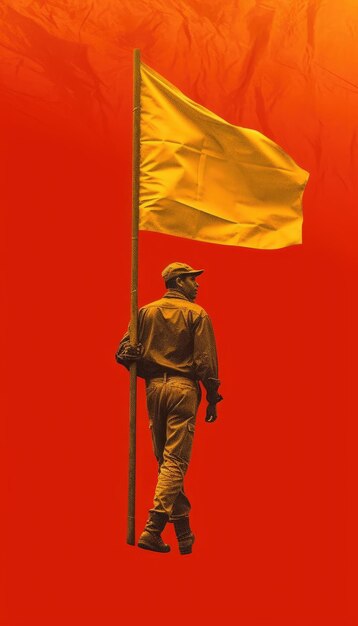 Worker holding yellow flag on red background