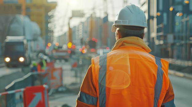사진 비는 건설 현장에서 교통을 지시하는 오렌지색 안전 조끼를 입은 노동자