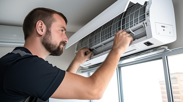 Worker indoors installing air conditioner or heat pump in summer for comfortable living