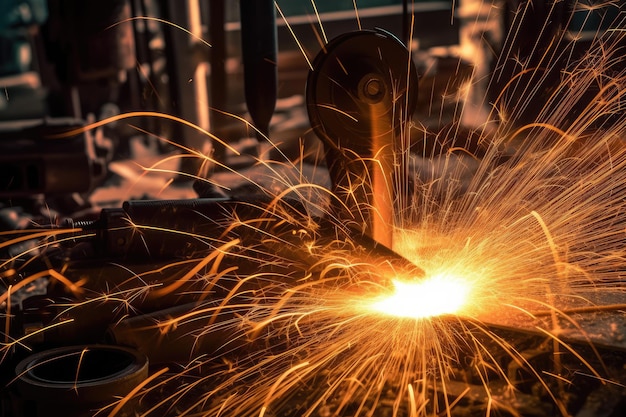 Worker in an industrial setting using a grinder to cut and shape a piece of metal Generative AI