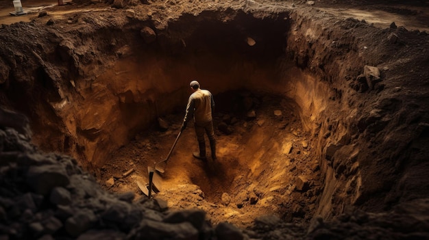 Photo worker inside a large hole digging with a shovel