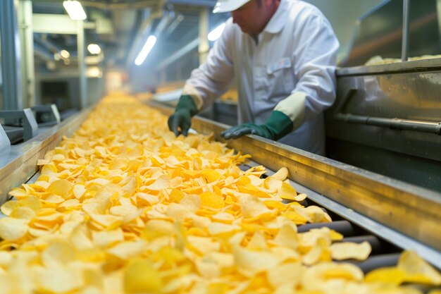 Worker inspecting freshly cut chips on conveyor belt