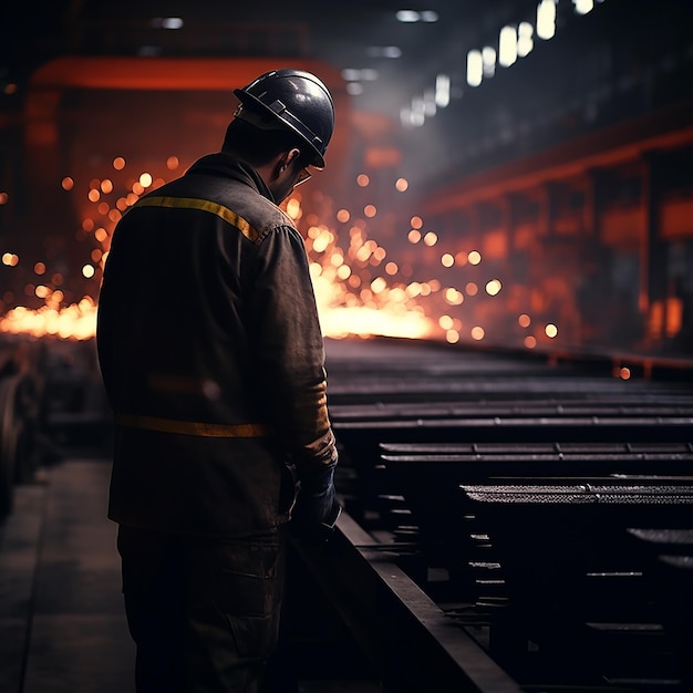 Рабочий проверяет сталь на сталелитейном заводе