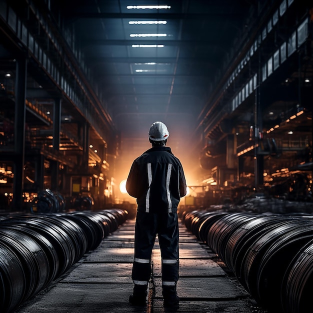 Worker Inspecting Steel in Steel Factory