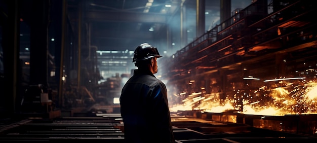 Foto lavoratore che ispeziona l'acciaio in una fabbrica di acciaio